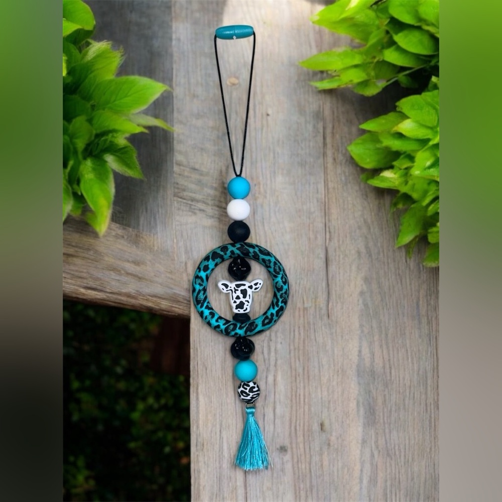 Handmade Leopard Print car charm Blue and Black Beads